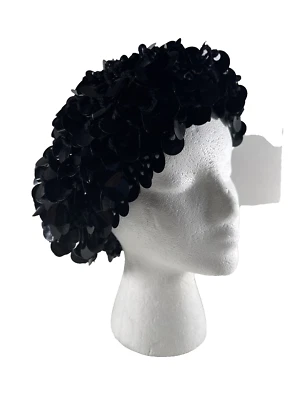 Vintage 1960s ESTATE Black Knitted Hat w Round Plastic Dangles - Image 1 of 4
