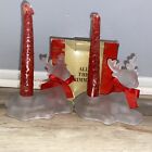 Royal Gallery Crystal Frosted Set Of Two Reindeer Candle Holders Red Bows New
