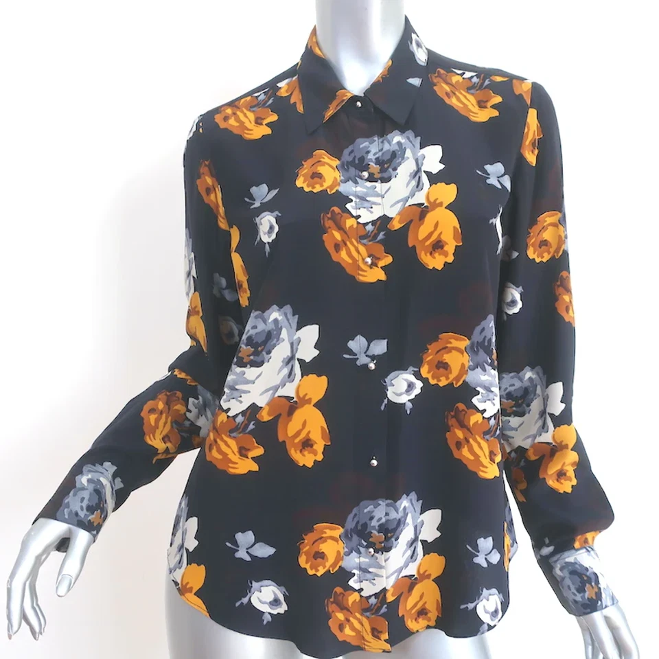 Blusa Theory Abotonada Sunaya Azul Marino Estampado Floral Seda Talla Pequeña Manga Larga Top Foto 1 de 4