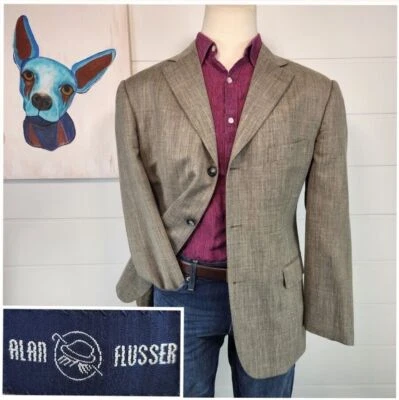 Куртка блейзер мужская Alan Flusser на трех пуговицах серая в елочку шерсть лен размер 42R - Изображение 1 из 4