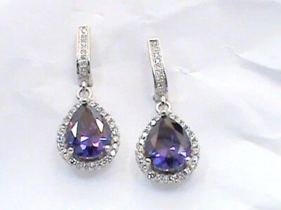 14K White Gold on .925 Sterling Silver Drop Dangle Created  Amethyst Earrings - Image 1 of 4