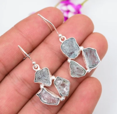 Amezing Aquamarine Gemstone Earrings 925 Sterling Silver Handmade Jewelry Gift - Image 1 of 4
