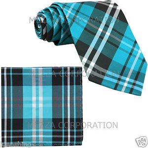 New Men's plaid checker Neck Tie Necktie & Hankie set Turquoise blue wedding  - Picture 1 of 3