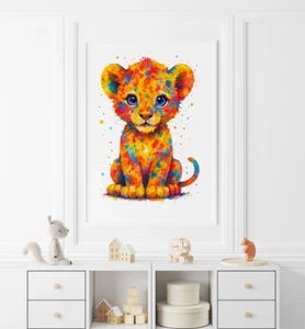 Poster con cornice stampa acquerello leone bambino, regalo stampa acquerello - Foto 1 di 3