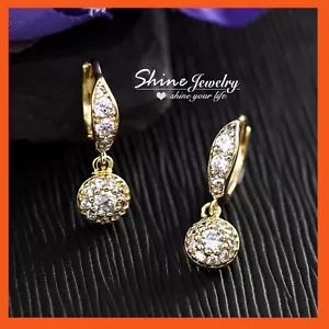 9K YELLOW GOLD FILLED ROUND CRYSTAL HALO DROP DANGLE SMALL HOOP EARRINGS GIFT - Picture 1 of 7