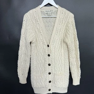 Aran Mor Cardigan Long 100% Merino Wool Ireland Cable Knit Sweater Sz S Small - Picture 1 of 5