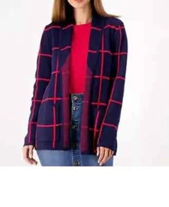 Denim & Co. Jacquard OneButton Sweater Coat XS Navy Blue Red Pockets A547123 NEW - Picture 1 of 5