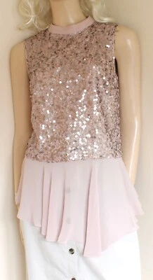 Coast pink silver sequinned sleeveless peplum ruffle long blouse top size 10 - Image 1 of 4