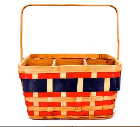 Rattan Divided Basket,Multi-Bin,Handle,Colorful, Tan/Red/Navy Blue, 9"Sq. x 5"h Cover