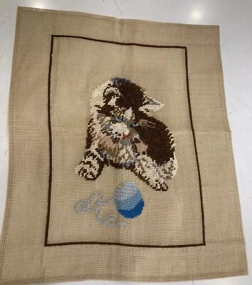 Pre-worked Needlepoint Canvas Vintage Calico Brown Kitten Cat Blue Yarn Petit-Pt - Image 1 of 4