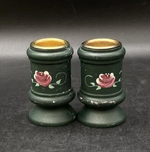 Hand Painted Floral Wood Green Pair Candle Holder Norwegian Rosemaling - Picture 1 of 9