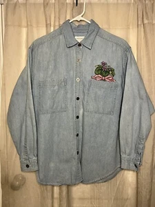 VTG Partners Mervyns Light Denim Button Up Shirt Cross Stitch Floral Pocket L - Picture 1 of 6