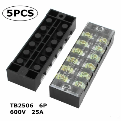 5Pcs Dual Rows 6P Covered Barrier Screw Terminal Block Strip 600V 25A TB2506 - Image 1 of 4