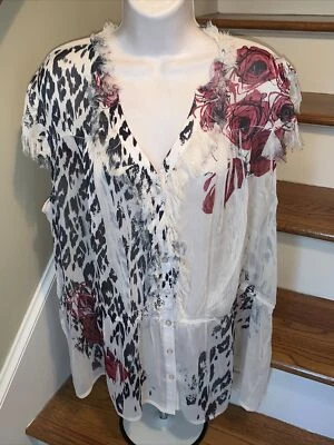 Boho CHIC Jonathan Martin Leopard Rose Empire Fringe Shirt Top Blouse 2X ❤️tb30 - Image 1 of 4