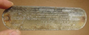1948 1953 VINTAGE DODGE B2 3/4 TON PICKUP TRUCK BODY TAG ORIGINAL MOPAR - Picture 1 of 6