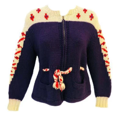 The cutest Vintage Handknit 70s zip Red, White, Blue Wool cardigan ever! sz M - Image 1 of 4