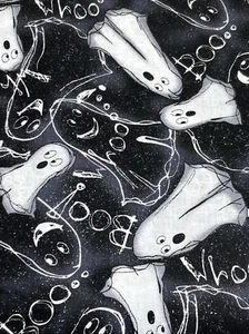 Halloween Cotton Fabric White Ghosts Black Glittery Fabric Traditions 3.75Y x 44 - Picture 1 of 3