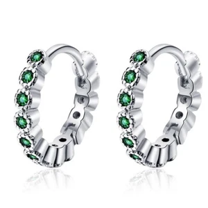 Women's Fancy Hoop Earring 1Ct Simulated Emerald Round Cut 14K White Gold Plated - Picture 1 of 3