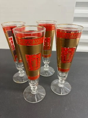 Juego de 4 vasos Pilsner vintage rojos y dorados con patas Foto 1 de 3