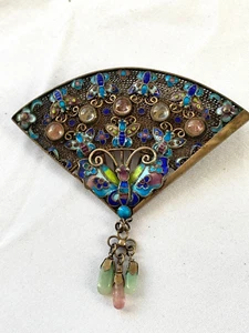 CHINESE VINTAGE STERLING SILVER ENAMEL BUTTERFLY TOURMALINE FAN PIN - Picture 1 of 2