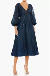 New Mac Duggal Beaded Embroidery Bishop Sleeve A-Line Dress Midnight Blue Sz 10 - Picture 1 of 23