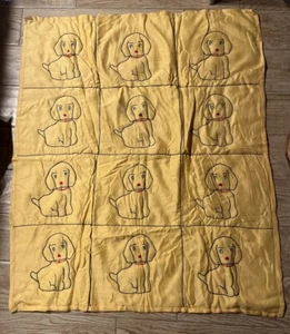 36x42” Handmade Baby Quilt Bright Yellow W/ Embroidered Puppy Dogs Cotton Vtg - Picture 1 of 5