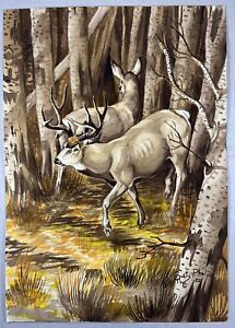 Rusty Phelps Vintage Buck & Doe Deer in Woods Watercolor Painting Signed 1972