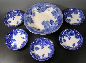 Antique 1895 Upper Hanley ,England Flow Blue Berry Bowl Porcelain Set, 6 Pcs. - Picture 1 of 8
