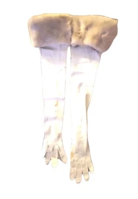 22"White Kid Leather Wedding Opera Gloves Top 4'Blond Mink Cuff Mint 7.5 Custom  - Image 1 of 4