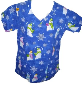 BIO Bring It On - Women's Winter/Snowman Pattern Small Uniform Nurse Scrub Top - Picture 1 of 8
