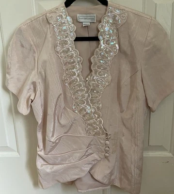  Blusa de lantejoulas vintage Scott McClintock rosa tocada SS tamanho 14 - Imagem 1 de 4