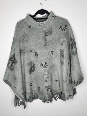 Poncho para mujer talla única gris flecos estampado de hojas capucha cuello capa chal boho acogedor Foto 1 de 4