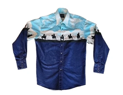 VTG Wrangler Western Shirt Brushpopper Canvas Horse Pearl Snap Button Up Mens L - Image 1 of 4