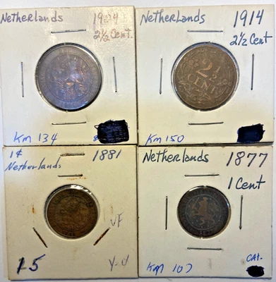 Netherlands 2½ cents 1904 & 1914. One Cent 1877 & 1881 ~ Lot of 4 Coins XF - Image 1 of 4
