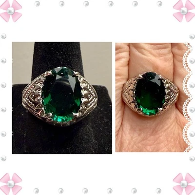 Anillo - talla 8.25 - acero inoxidable tono plata con piedra esmeralda sintética verde Nuevo Foto 1 de 4