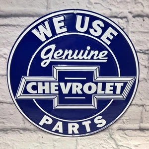Vintage Chevrolet Tin 12" Round Genuine Parts Sign Embossed Blue White - Picture 1 of 6