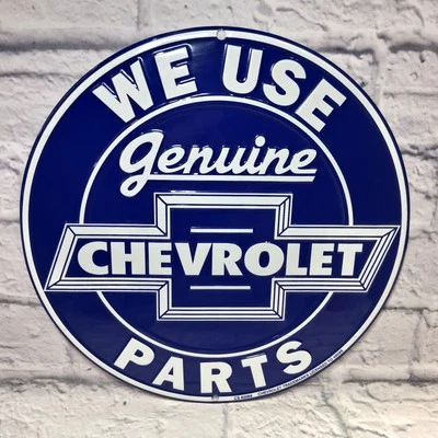 Vintage Chevrolet Tin 12" Round Genuine Parts Sign Embossed Blue White - Image 1 of 4