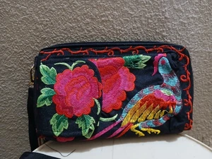 bestickte Vogel und Blumen schwarz Geldbörse Portemonnaie Umhängetasche Damen - Bild 1 von 7