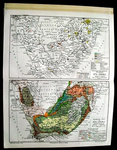 1902 Antica Geografica:2 CARTE SUD AFRICA 1) DEI MINERALI E 2) GEOLOGICA MEYERS. - Foto 1 di 3