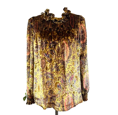 Blusa Top Ivy Jane Talla Extra Pequeña Dorado Azul Paisley Terciopelo Smocking Campesino Foto 1 de 4