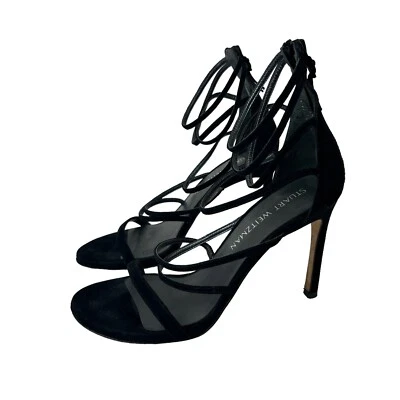 Stuart Weitzman Women's Size 6 M Black Myex Strappy Suede Sandal Heels Stilettos - Image 1 of 4