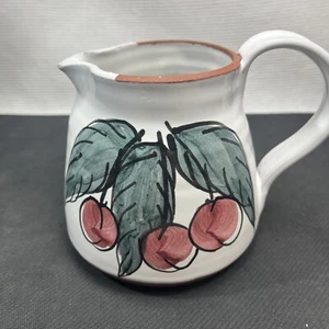 Thrown Art Pottery Creamer Signed Elaine Hughes Games BC Canada Cherries White - Picture 1 of 7