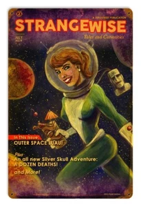 Vintage Styled Metal Sign Strangewise Pulp Art Tiki Space Pin up Rocket Moai - Picture 1 of 1