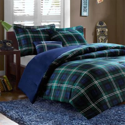 LABEL BEAUTIFUL COZY PLAID BLUE NAVY GREEN STRIPE COMFORTER SET FULL QUEEN OR TWIN XL