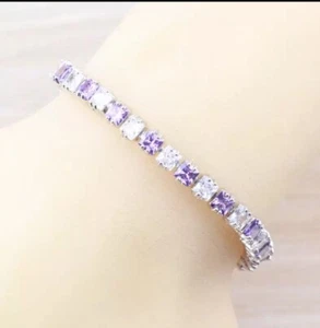 Plata de Ley 925 Morado Lab-Created Amatista Blanco Piedra Topacio Pulsera - Imagen 1 de 12