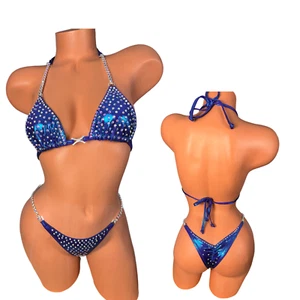 Blue on purple AB crystal pageant birthday fitness bikini size B/C top S bottom - Picture 1 of 4
