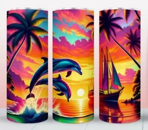 Dolphins at Sunset 20 oz Stainless Steel Tumbler Handmade - Picture 1 of 1