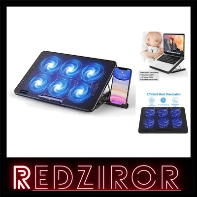 Laptop Kühler Metall 6 Lüfter Höhenverstellbar Handyständer Dual USB Blau - Bild 1 von 2