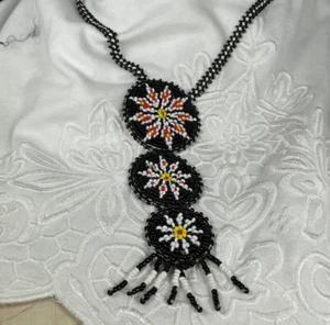 VTG NECKLACE TRIPLE STACKED MEDICINE SHIELDS HANDCRAFTED NAVAJO BEADWORK LEATHER - Picture 1 of 7