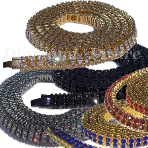 COLORS 2 OR 3 Bling out Iced Necklace Hip Hop Chain Gold Silver Black Men row cz - Picture 1 of 22